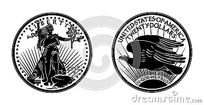 United States Gold Coin Saint Gaudens double eagle. Antique 20 dollar double eagle gold coin. Vector Illustration